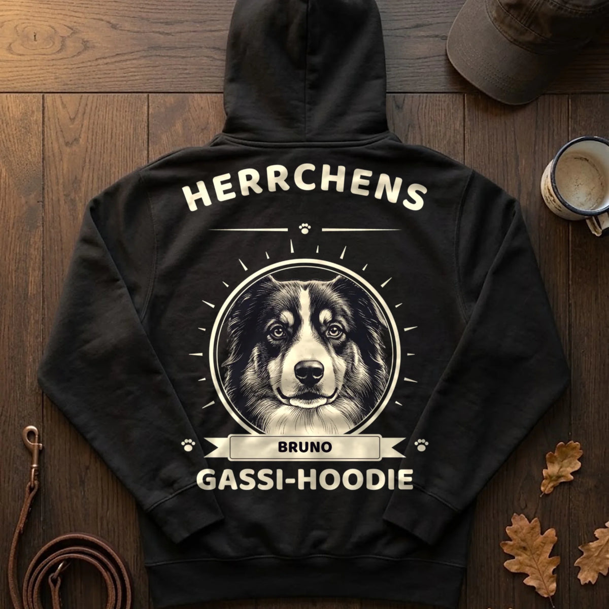 Herrchens Gassi-Hoodie Rückendruck Flatlay mit Leine | Lil Snouts
