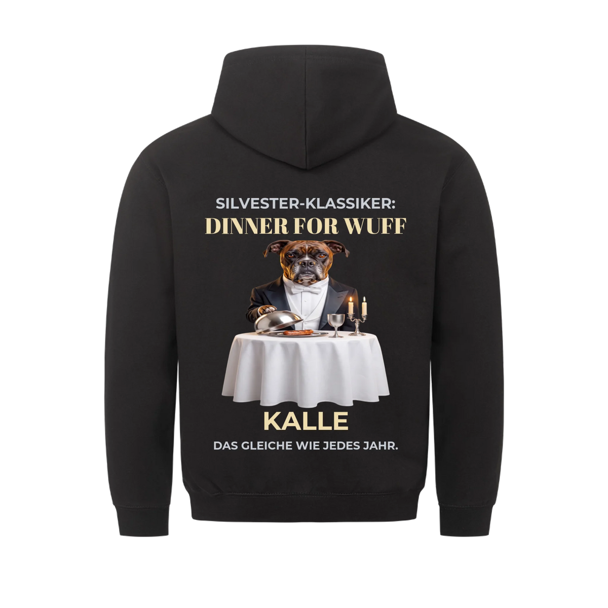 Dinner for Wuff Hoodie in Schwarz, Rückendruck: Haustier im Smoking am Silvester-Dinnertisch mit Namen | Lil Snouts