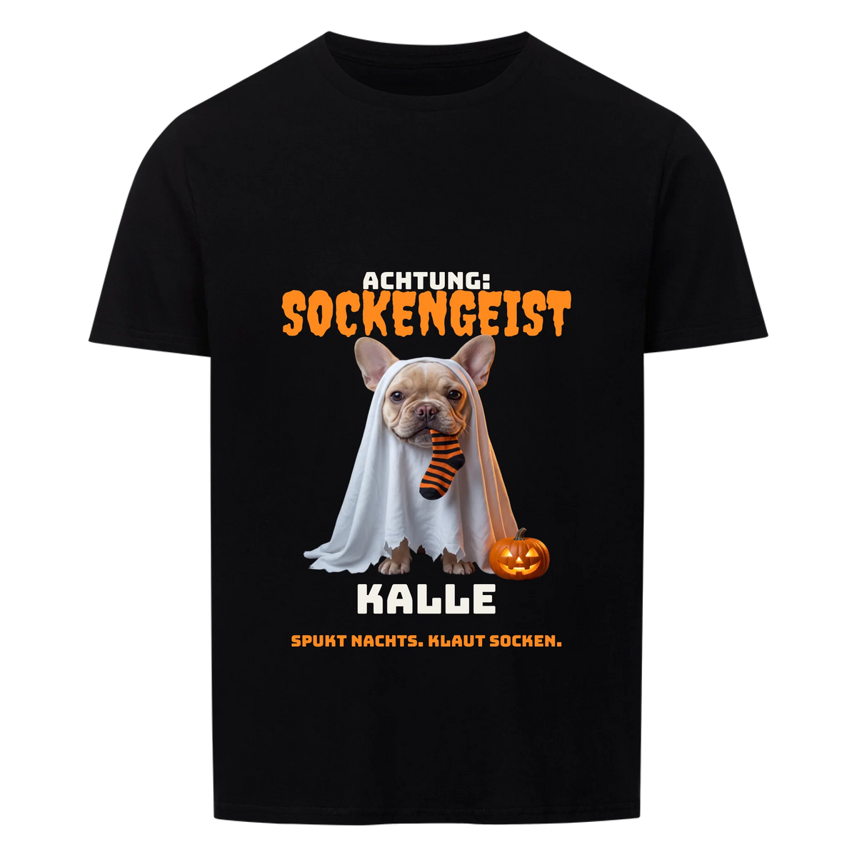 Sockengeist T-Shirt: Französische Bulldogge als Geist mit Socke im Maul und Namen, schwarzes Shirt | Lil Snouts