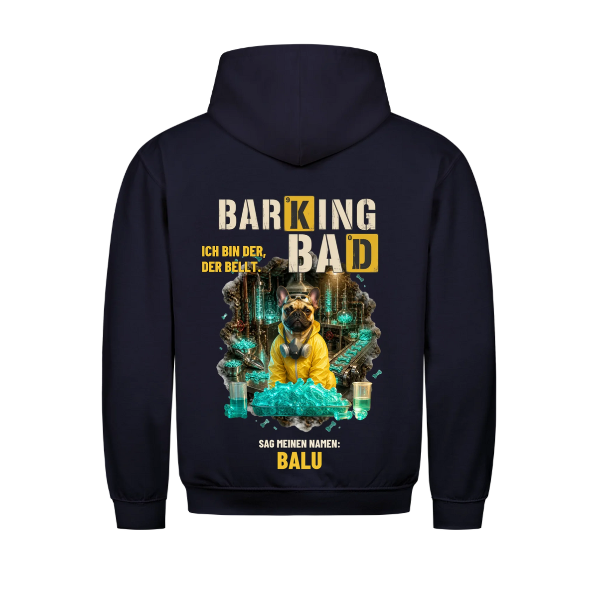 Barking Bad Hoodie navy mit Rueckendruck, personalisiert mit deinem Tier und Name | Lil Snouts