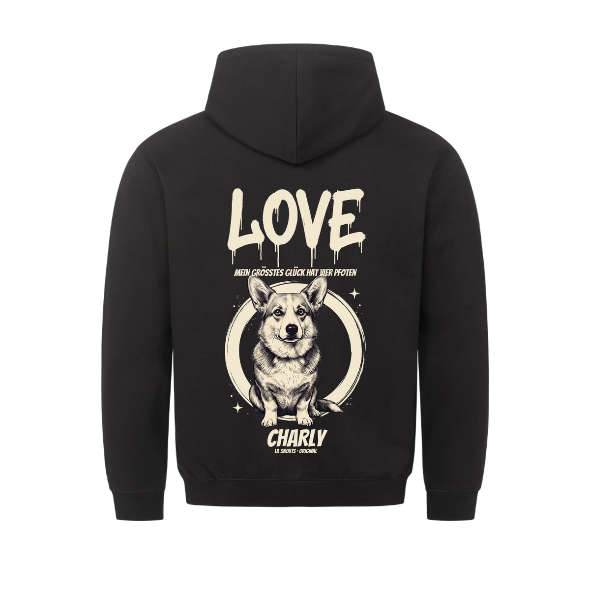 LOVE Rückendruck Hoodie schwarz mit Haustierfoto und Name