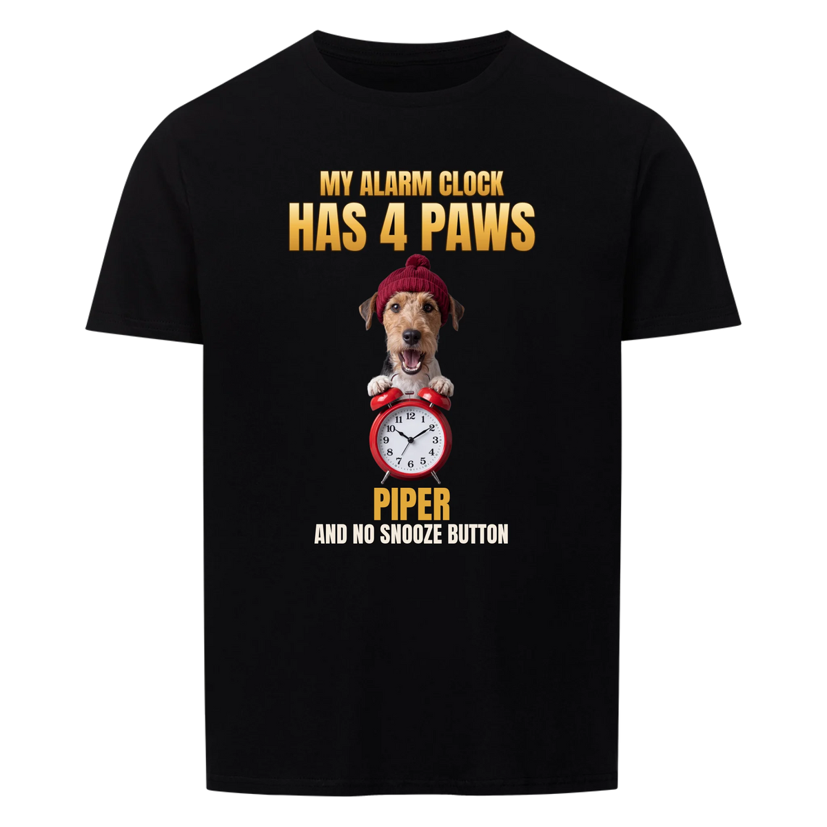 My Alarm Clock Has 4 Paws custom pet t-shirt black - your dog in a red beanie behind a red alarm clock, with name