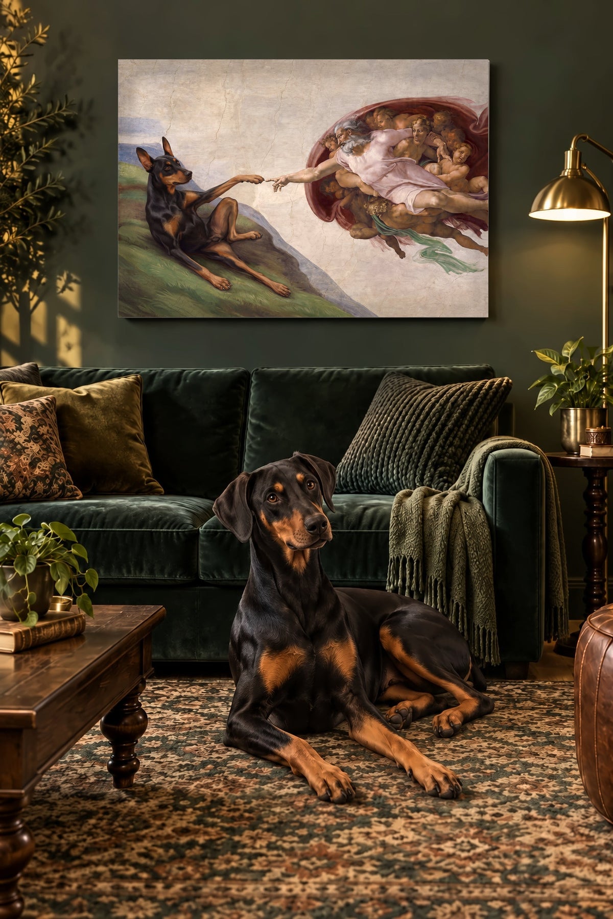 Leinwand im Wohnzimmer: Dein Hund in Die Erschaffung Adams – personalisiertes Hundeportrait im Querformat