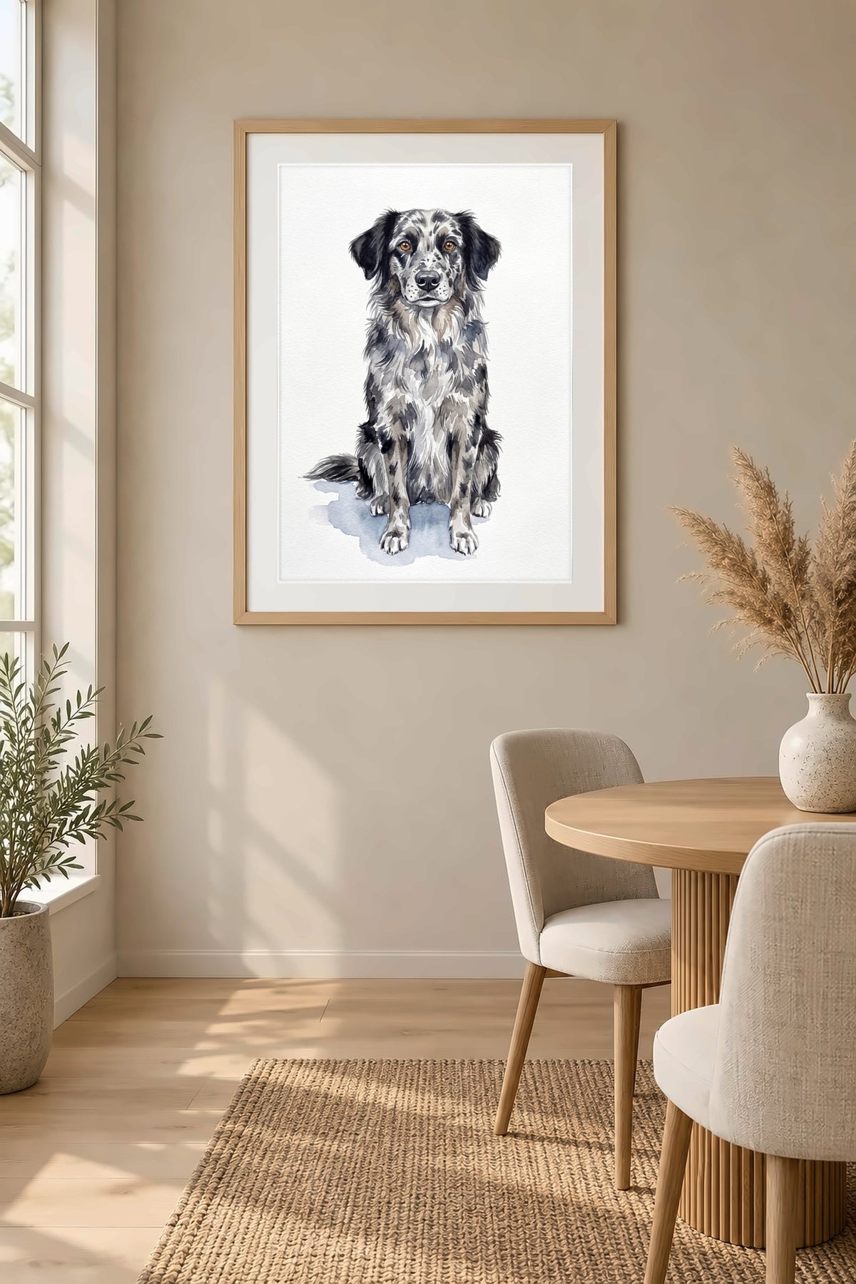 Poster im Esszimmer: Dein Hund als Aquarell in Sitzpose – personalisiertes Hundeportrait