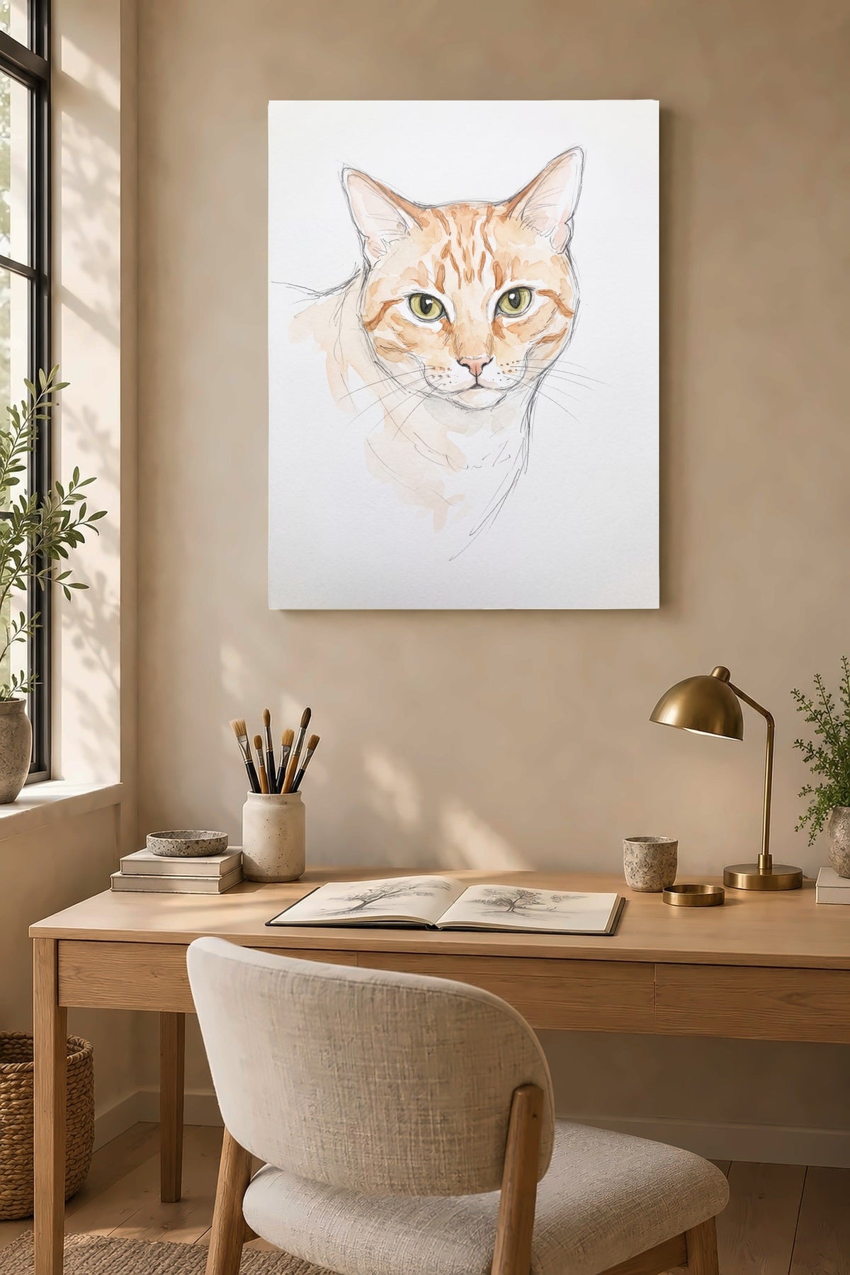Leinwand im Arbeitszimmer: Deine Katze als Aquarell-Skizze – personalisiertes Katzenportrait