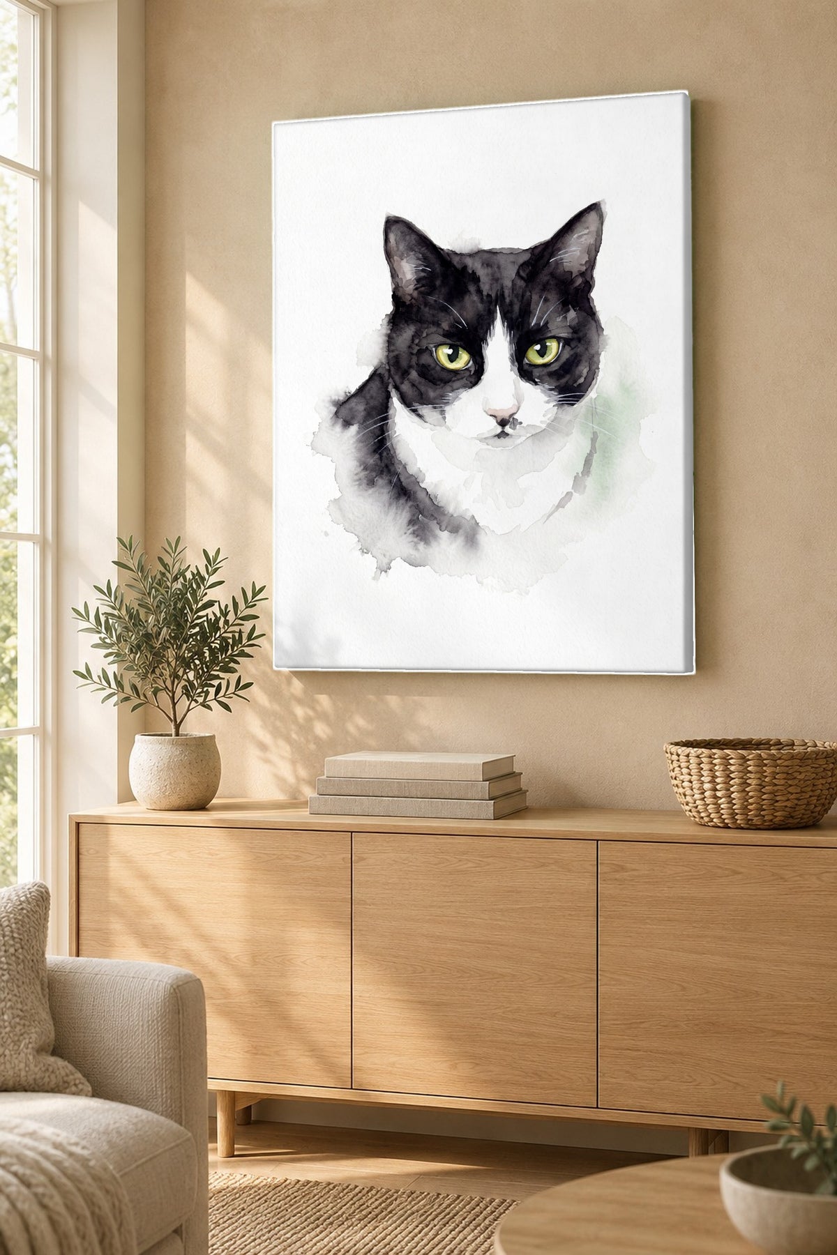 Leinwand im Wohnzimmer: Deine Katze als Aquarell-Portrait – personalisiertes Katzenportrait
