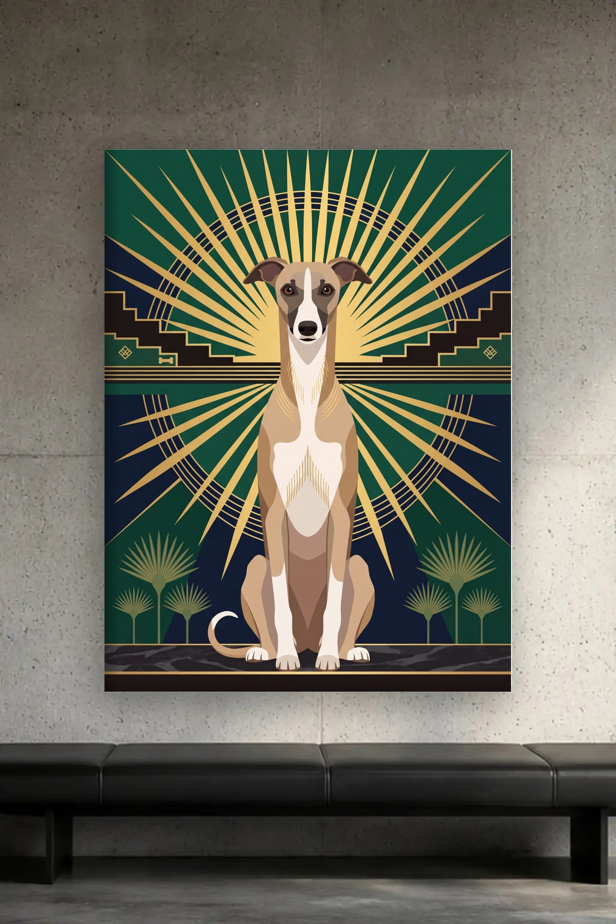 Leinwand im Wohnzimmer: Dein Hund als Art-Deco-Sunburst – personalisiertes Hundeportrait