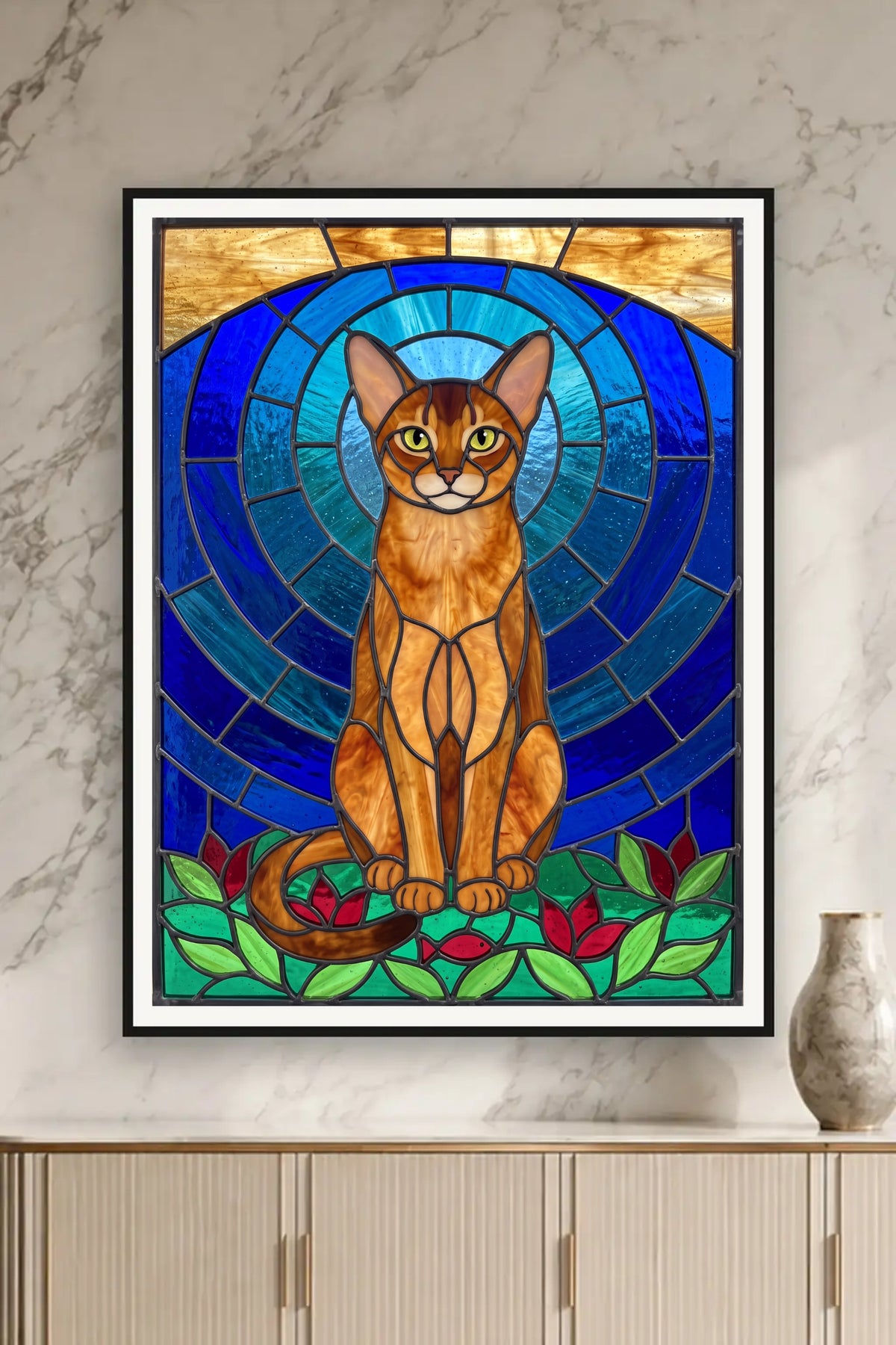 Poster im Wohnzimmer: Deine Katze als Buntglasfenster – personalisiertes Katzenportrait