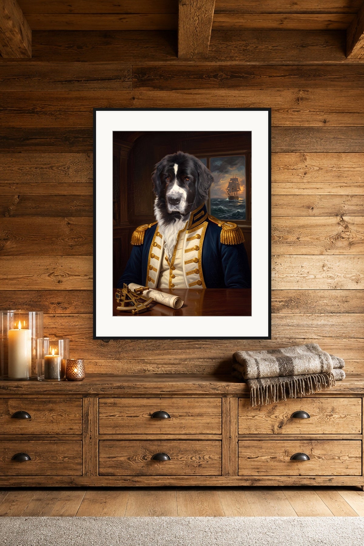 Poster im Landhaus: Dein Hund als Marine-Captain – personalisiertes Hundeportrait