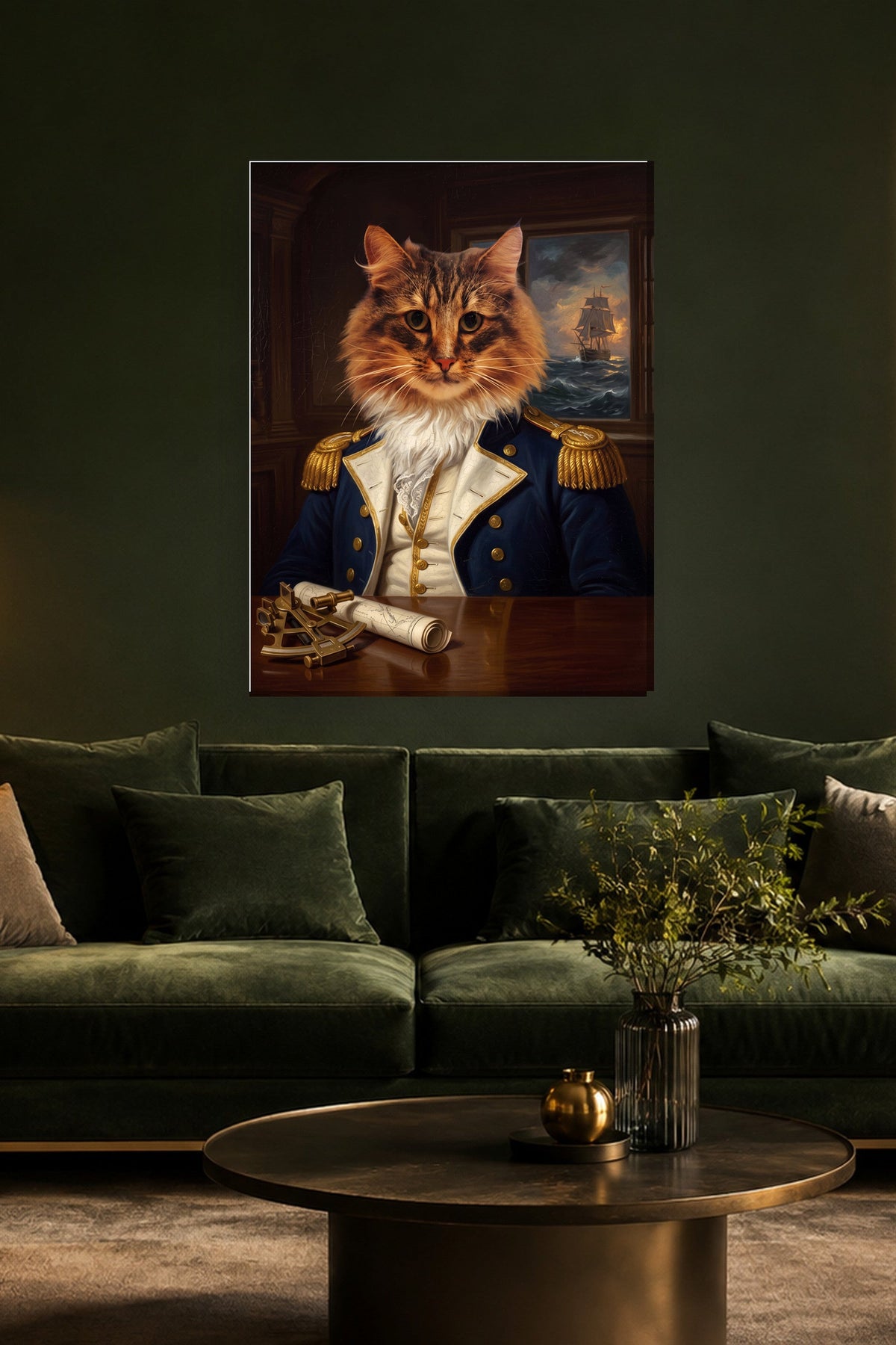 Leinwand im Wohnzimmer: Deine Katze als Marine-Captain – personalisiertes Katzenportrait