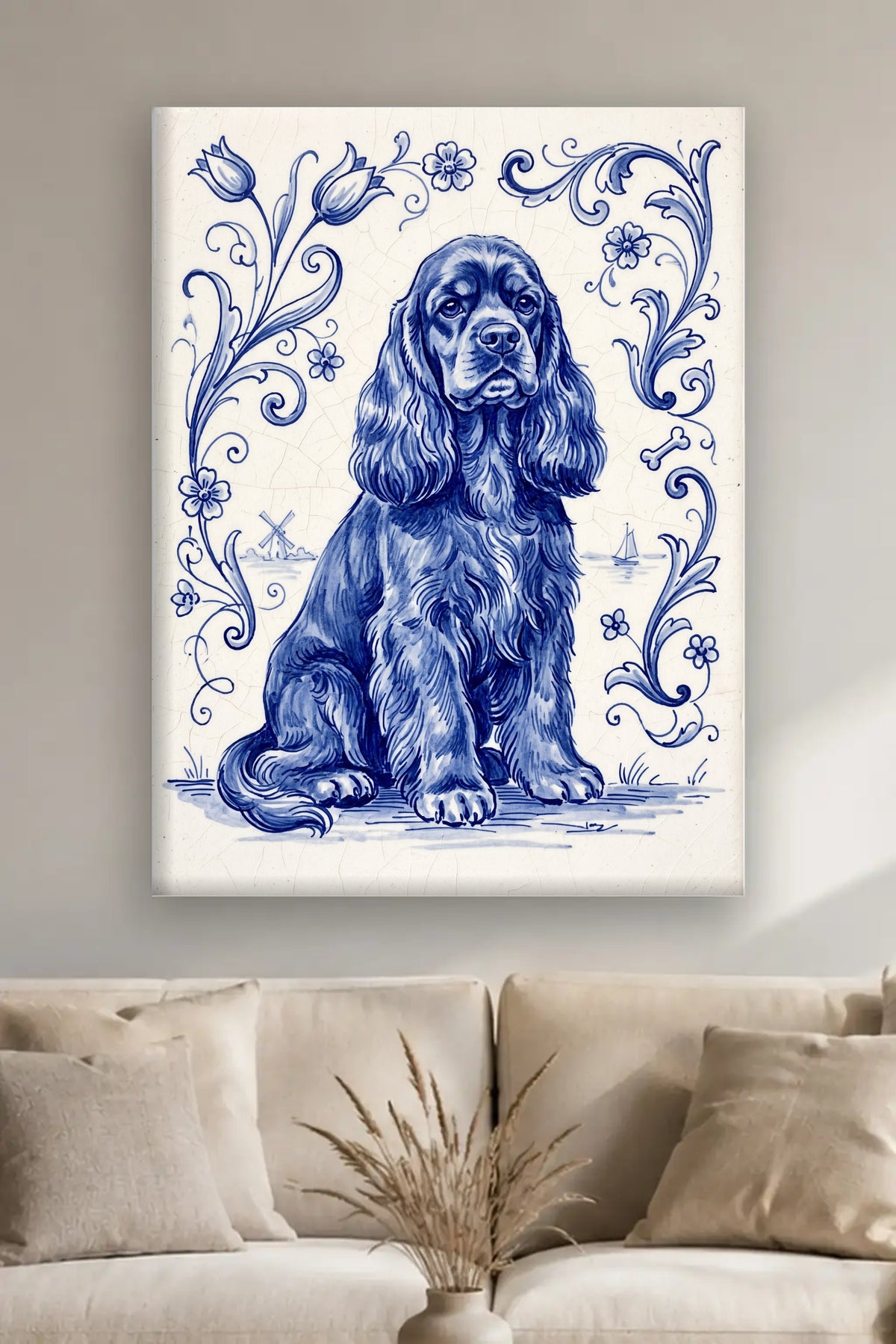 Leinwand im Wohnzimmer: Dein Hund in Delfter Blau – personalisiertes Hundeportrait