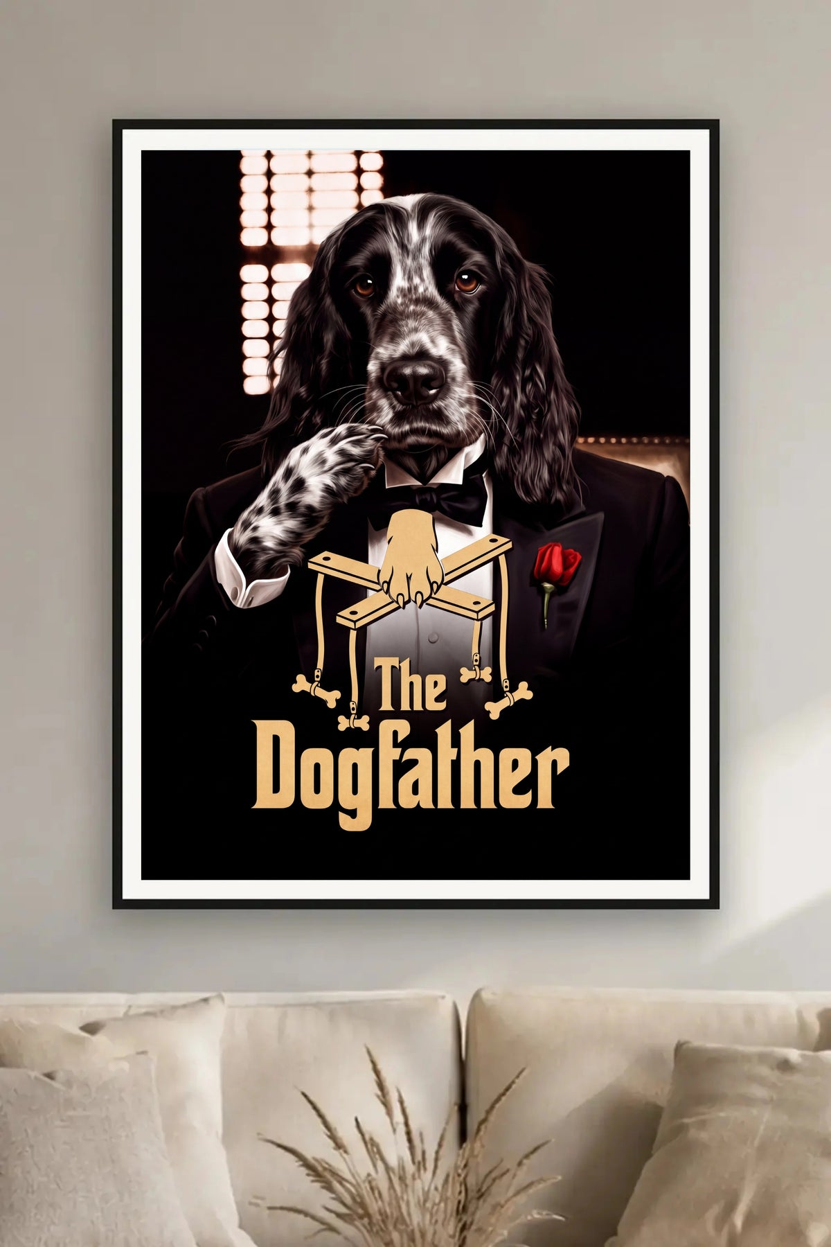 The Dogfather Poster im Wohnzimmer - dein Hund als Mafia-Boss, personalisiertes Wandbild