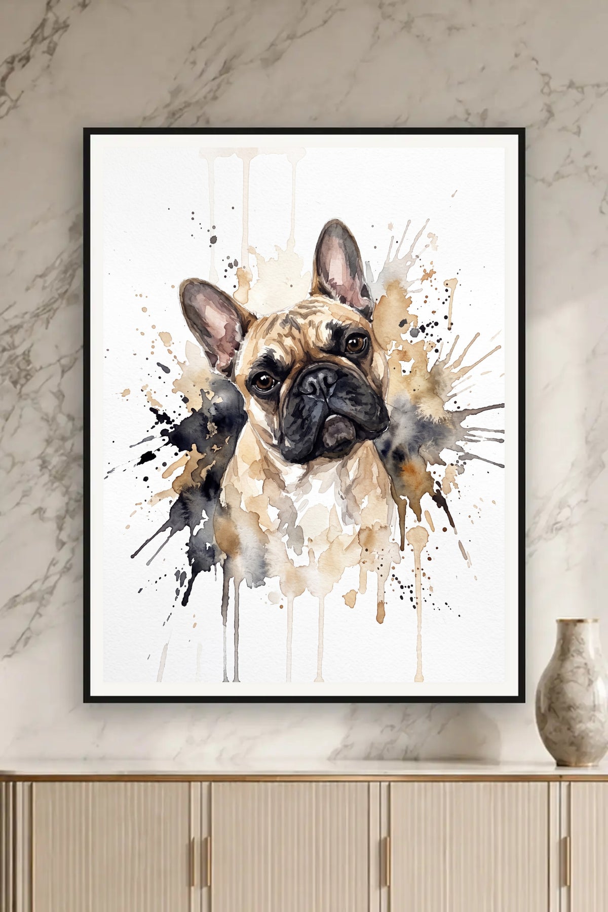 Poster im Wohnzimmer: Dein Hund als Aquarell-Farbspritzer – personalisiertes Hundeportrait
