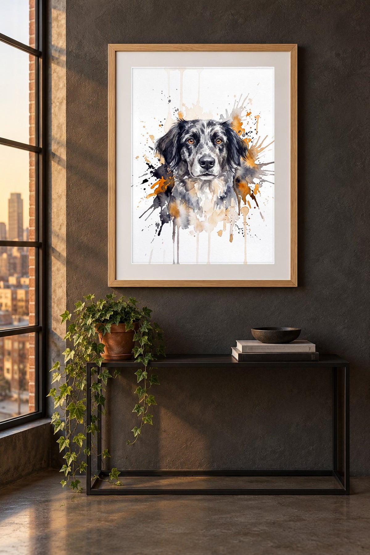 Poster im Loft: Dein Hund als Aquarell-Farbspritzer – personalisiertes Hundeportrait