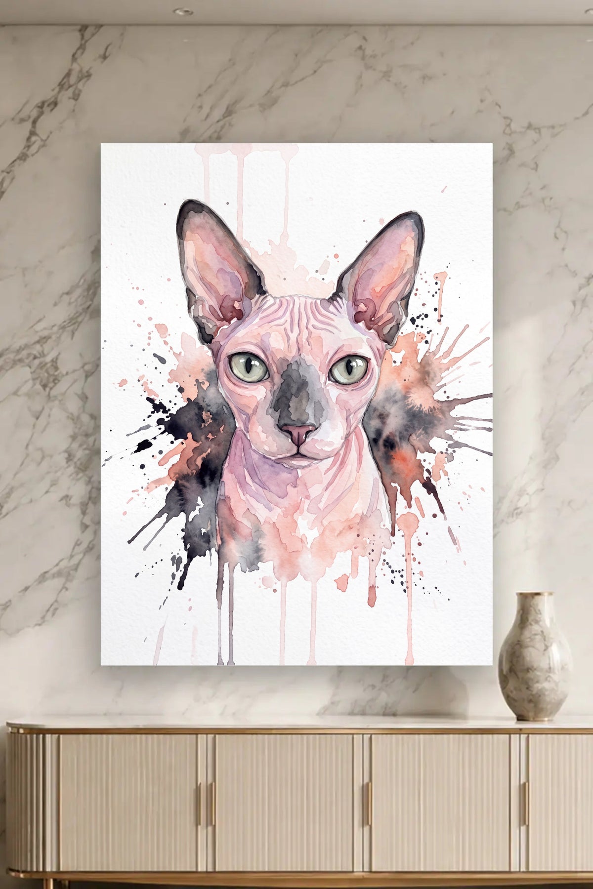 Leinwand im Wohnzimmer: Deine Katze als Aquarell-Farbspritzer – personalisiertes Katzenportrait