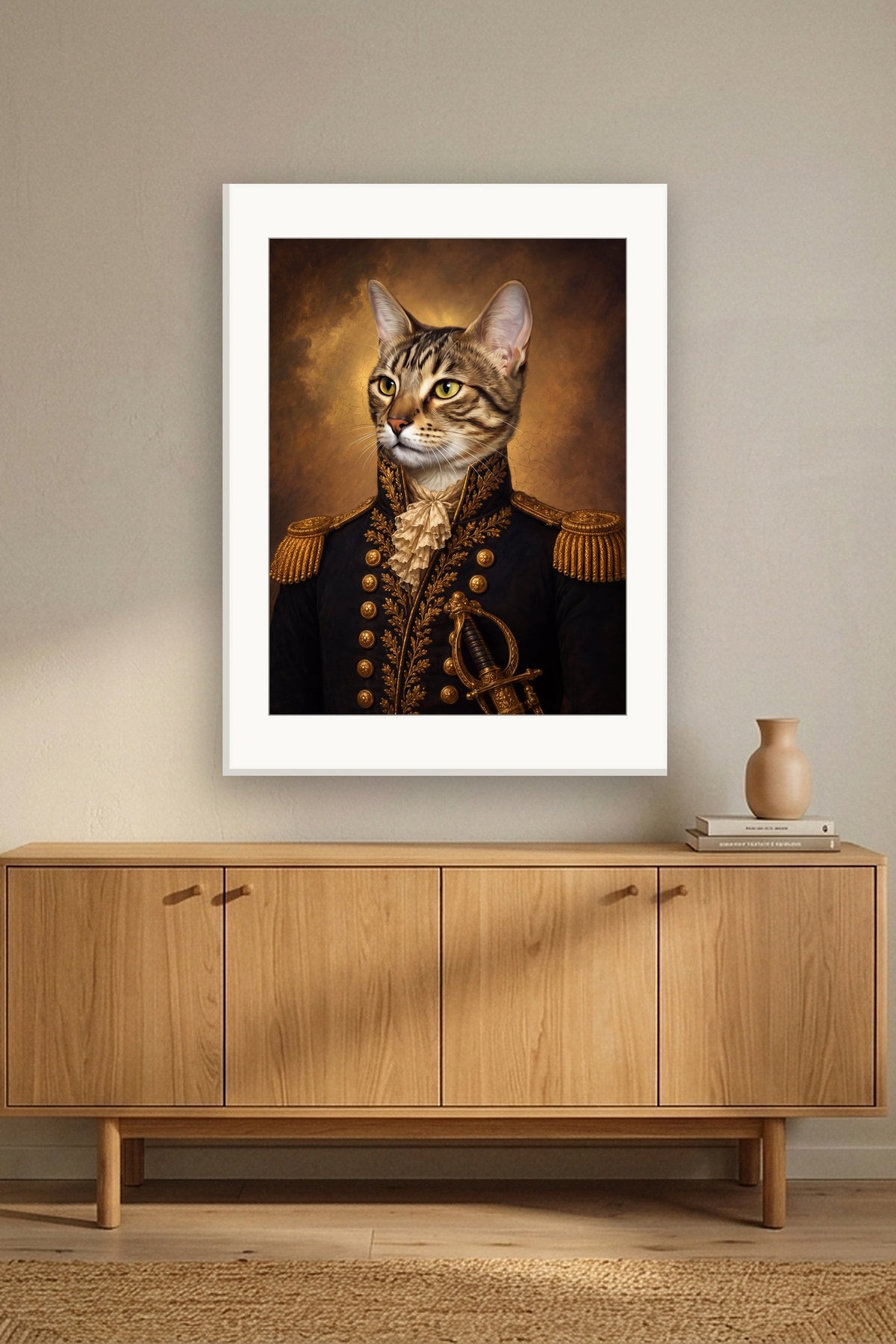 Poster an der Galeriewand: Deine Katze als Renaissance-General – personalisiertes Katzenportrait