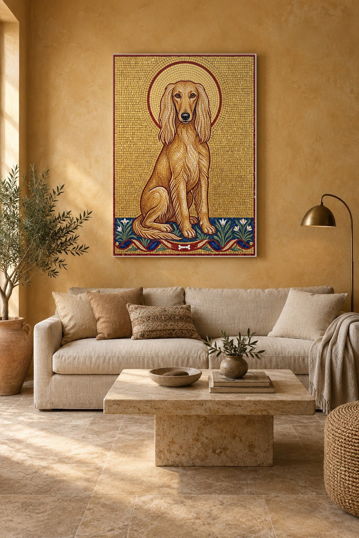 Leinwand im Wohnzimmer: Dein Hund als Goldmosaik – personalisiertes Hundeportrait