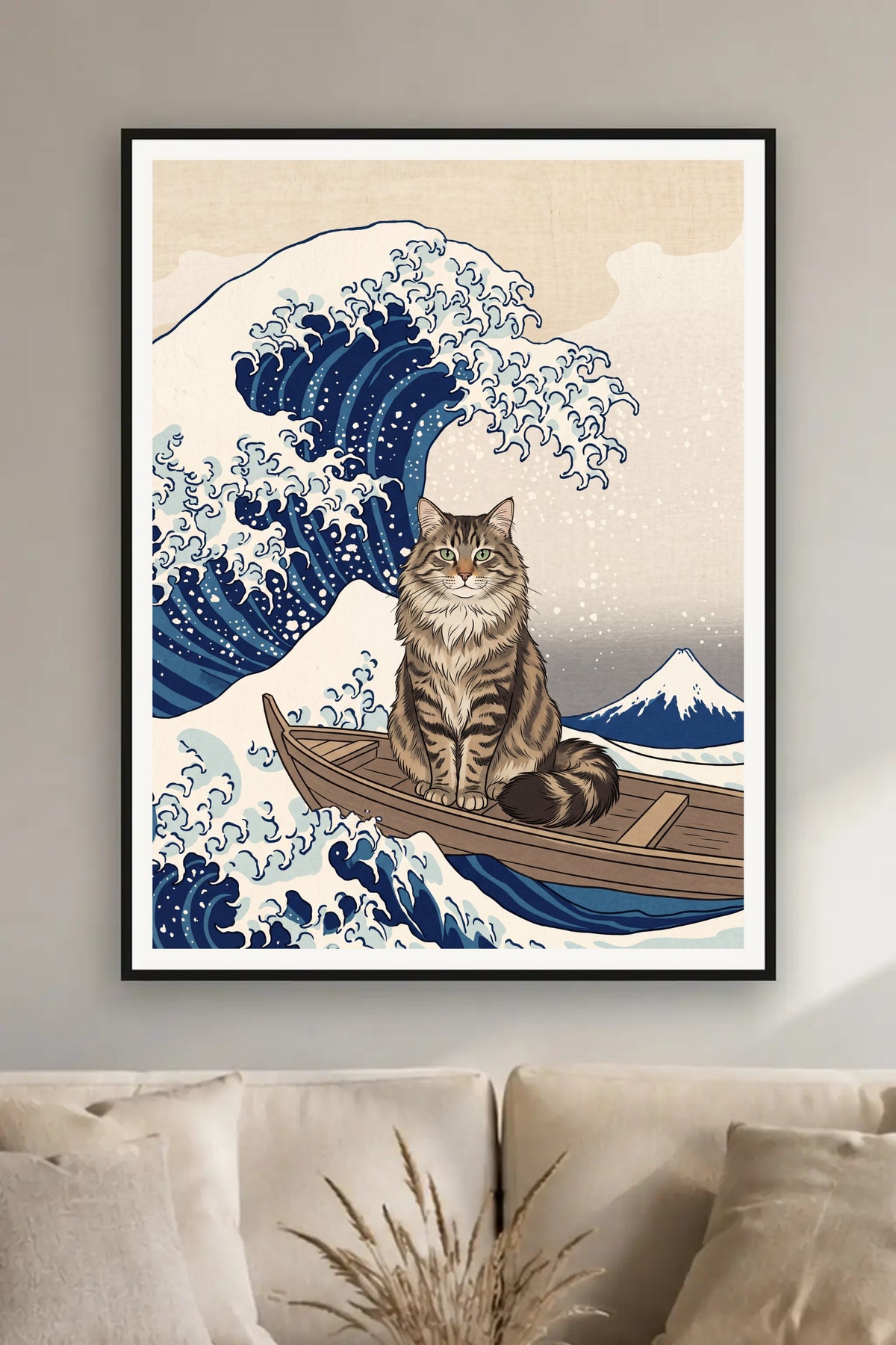 Poster im Wohnzimmer: Deine Katze in der Grossen Welle – personalisiertes Katzenportrait