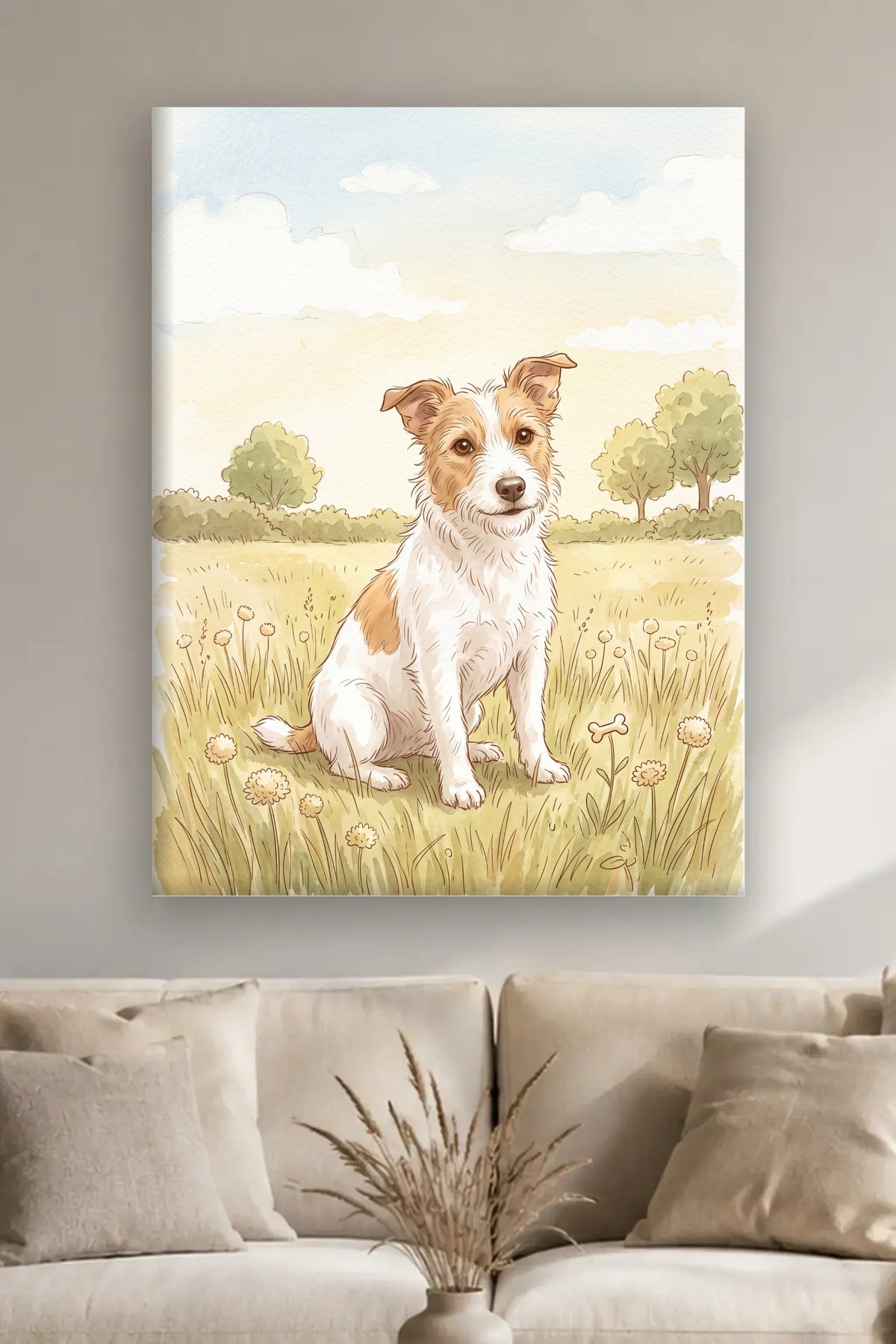 Leinwand im Wohnzimmer: Dein Hund als Kinderbuch-Illustration – personalisiertes Hundeportrait