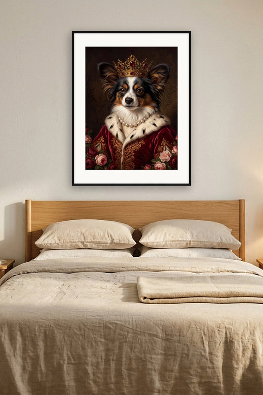 Poster im Schlafzimmer: Dein Hund als Renaissance-Königin – personalisiertes Hundeportrait