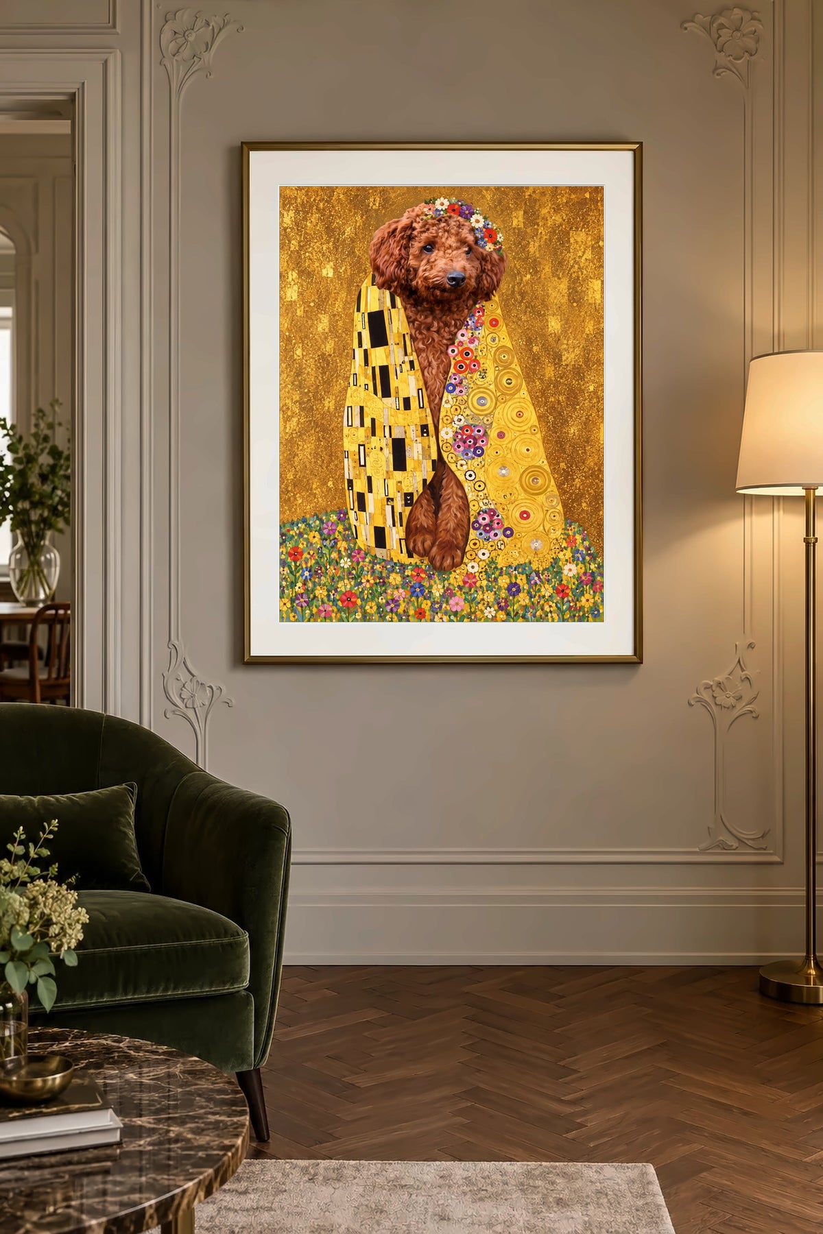 Poster im Wohnzimmer: Dein Hund in Der Kuss – personalisiertes Hundeportrait