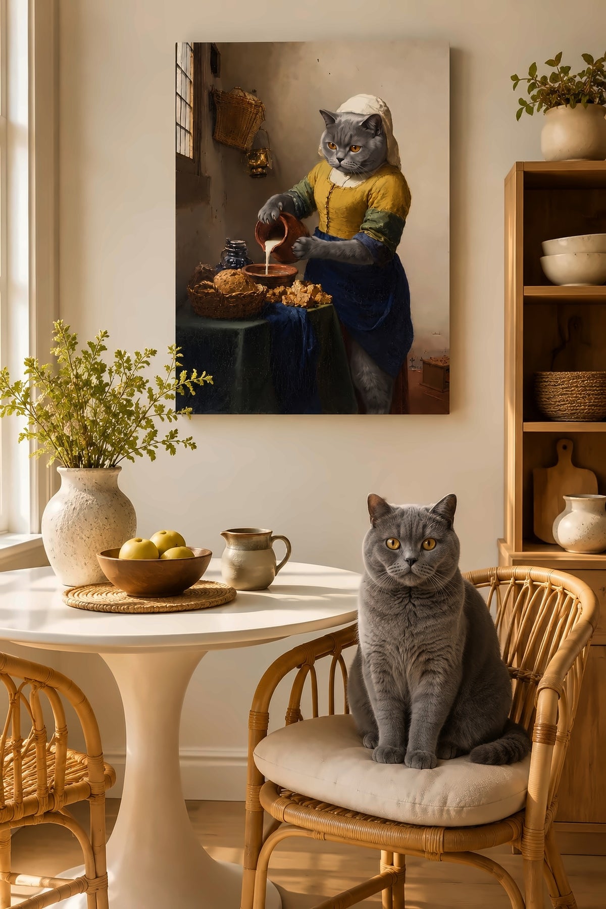 Leinwand im Esszimmer: Deine Katze als Milchmädchen nach Vermeer – personalisierte Leinwand von Lil Snouts