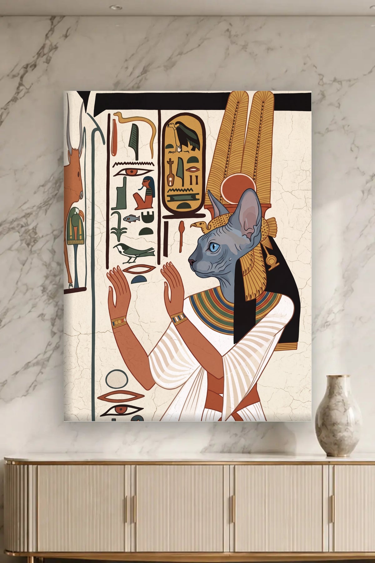 Leinwand im Wohnzimmer: Deine Katze als Nefertari-Wandmalerei – personalisiertes Katzenportrait