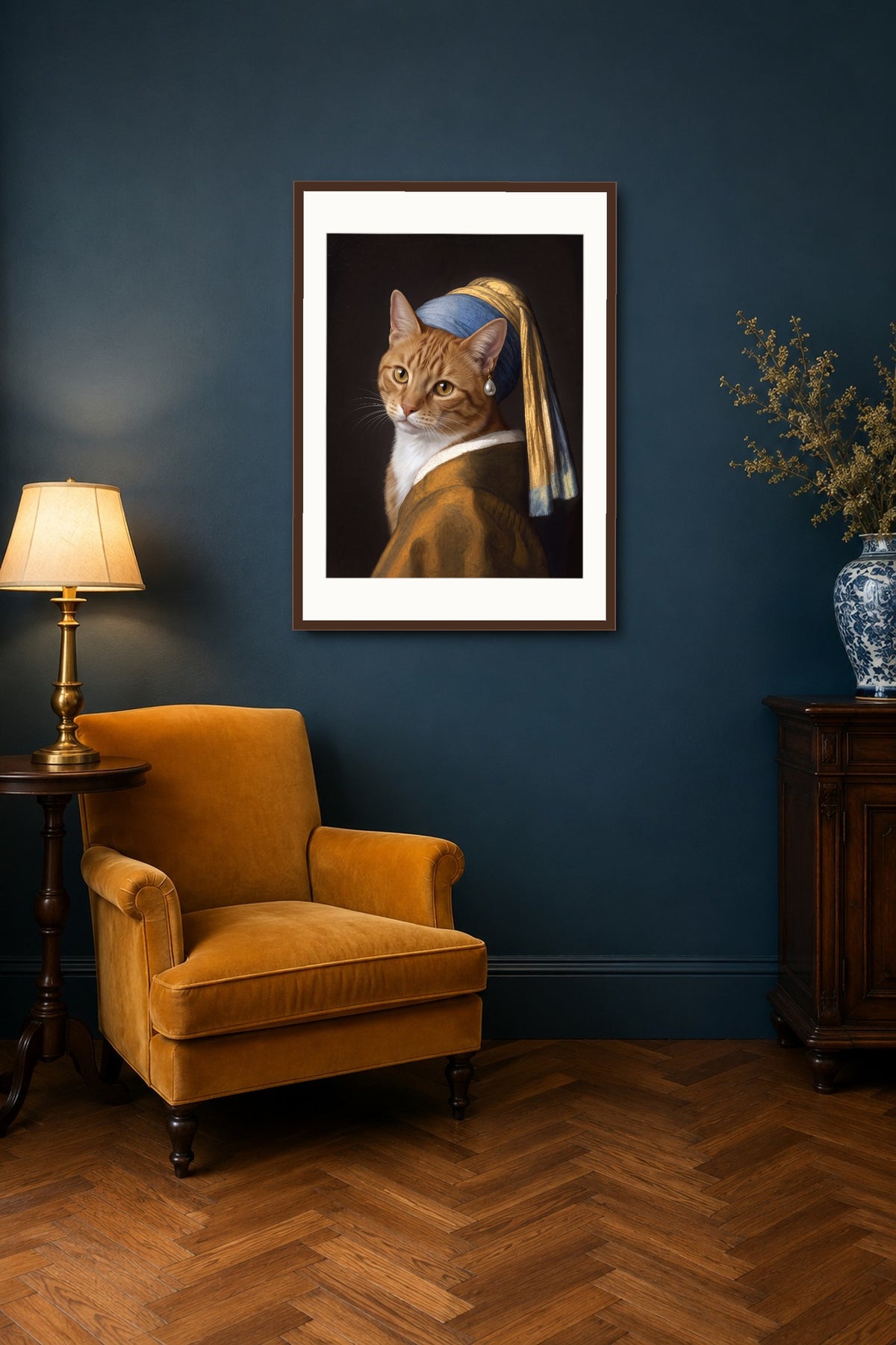 Poster im Wohnzimmer: Deine Katze als Mädchen mit dem Perlenohrring – personalisiertes Katzenportrait