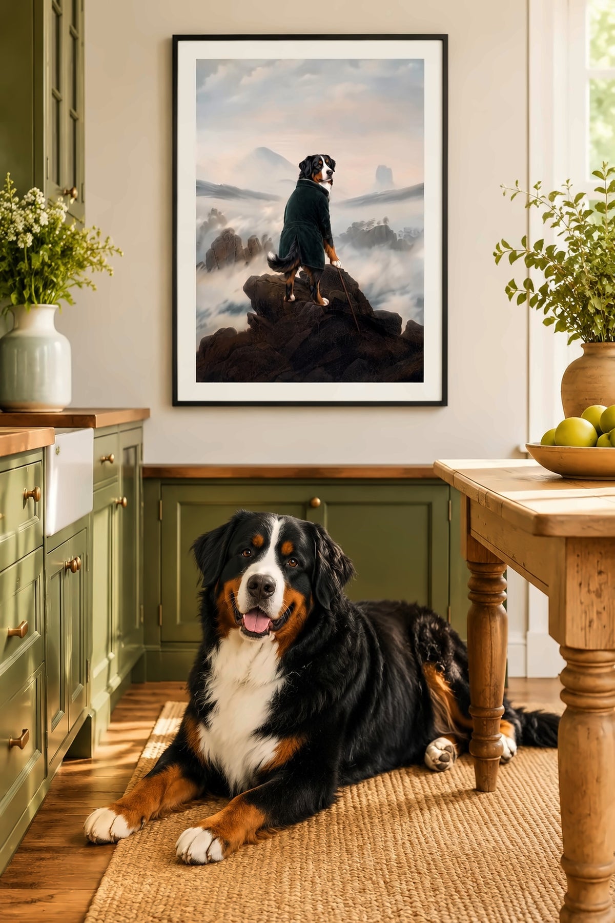Poster im Wohnzimmer: Dein Hund als Wanderer über dem Nebelmeer – personalisiertes Hundeportrait