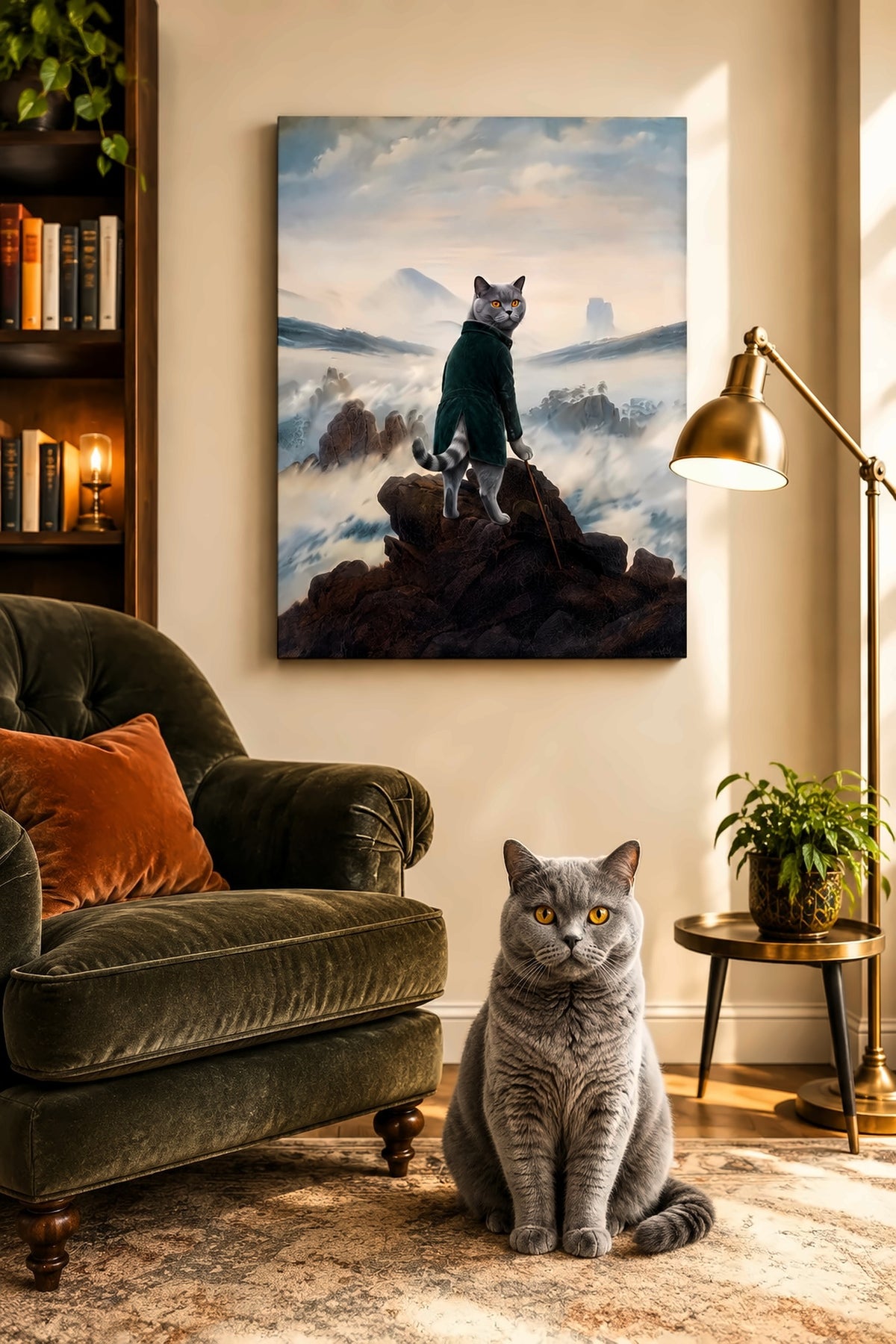 Leinwand im Wohnzimmer: Deine Katze als Wanderer über dem Nebelmeer – personalisiertes Katzenportrait