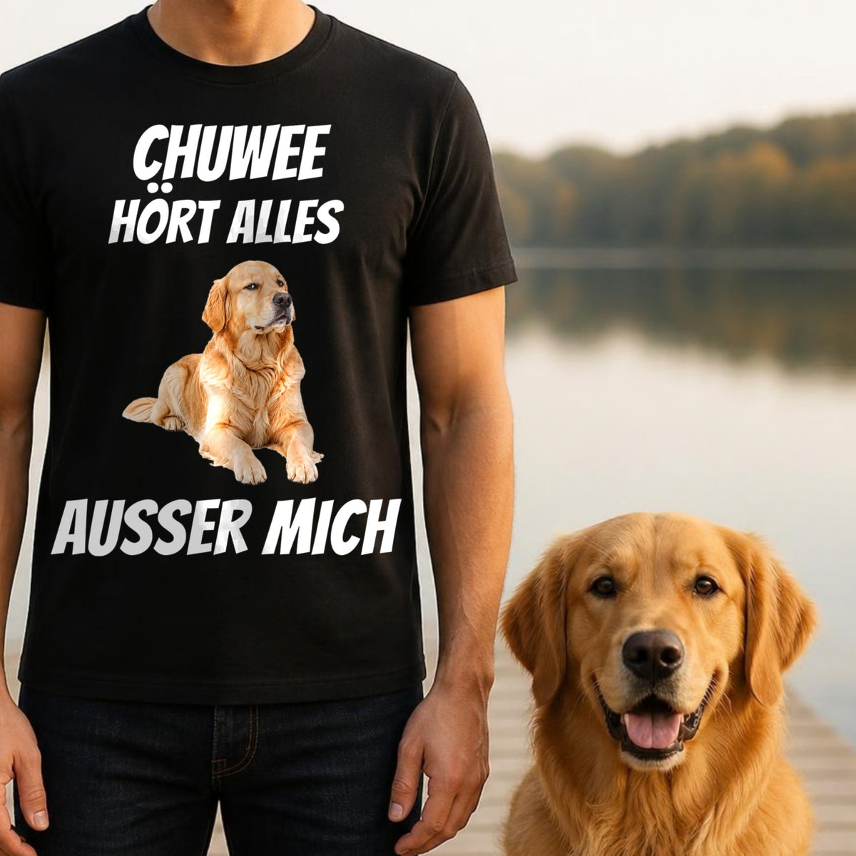 Mann traegt schwarzes T-Shirt Hoert alles ausser mich mit Golden Retriever am Seeufer