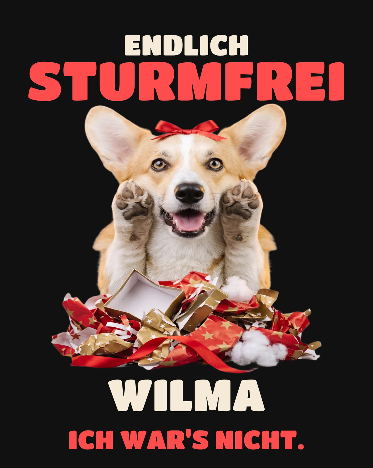 Sturmfrei – Druckdetail: Corgi mit roter Schleife zwischen Papierfetzen, personalisiert mit Name | Lil Snouts