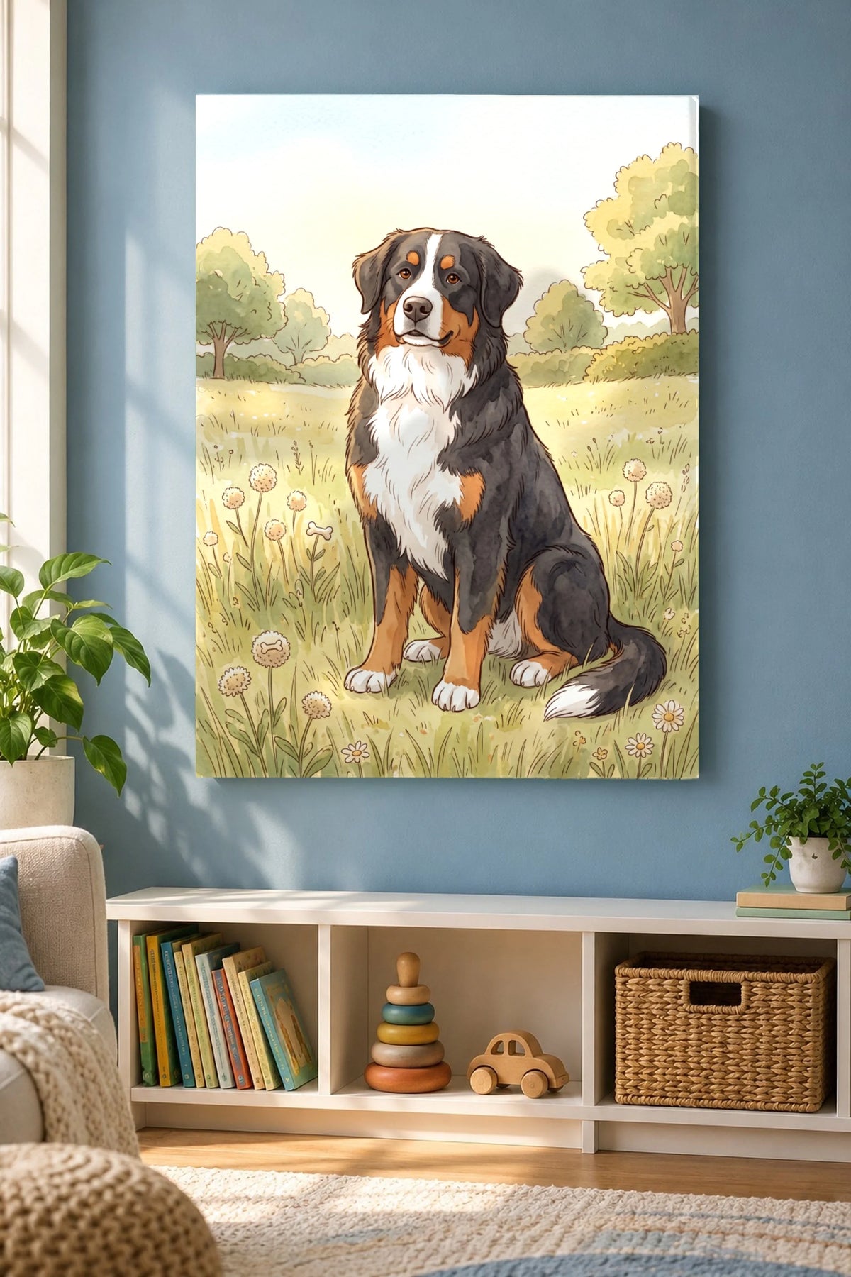 Kinderbuch-Illustration Leinwand mit Berner Sennenhund