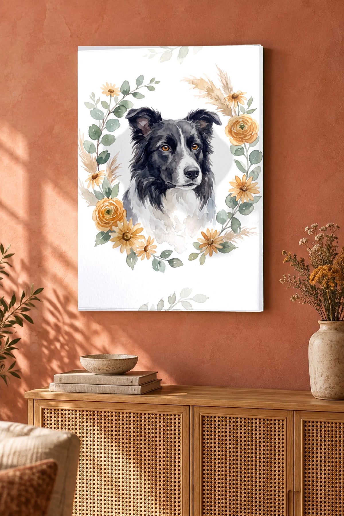 Botanik-Kranz Leinwand mit Border Collie