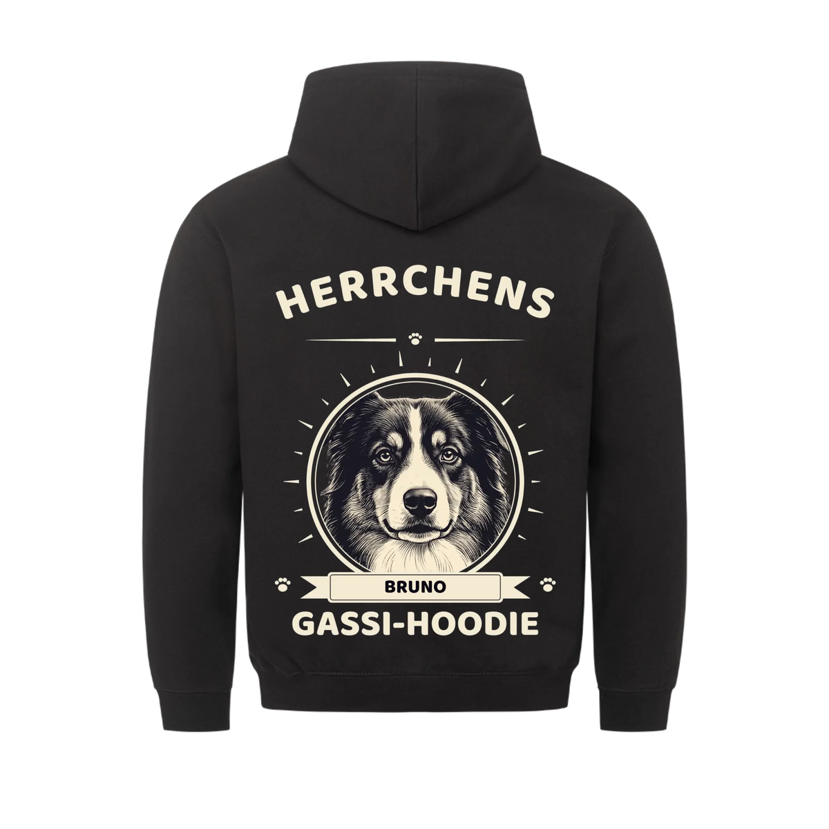 Herrchens Gassi-Hoodie – Australian Shepherd im Crest-Kreis mit Name BRUNO | Lil Snouts