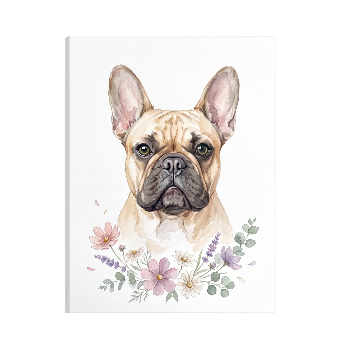 Aquarell mit Blütenzweig: Französische Bulldogge als personalisiertes Hundeportrait – Vorschau