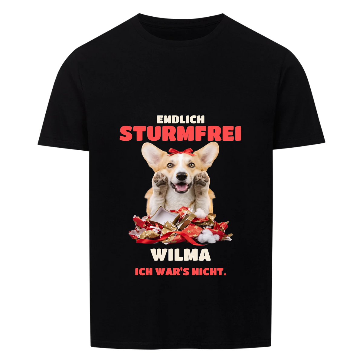 Sturmfrei T-Shirt: Corgi mit roter Schleife zwischen Papierfetzen mit Namen, schwarzes Shirt | Lil Snouts