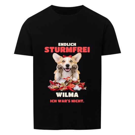 Sturmfrei T-Shirt: Corgi mit roter Schleife zwischen Papierfetzen mit Namen, schwarzes Shirt | Lil Snouts