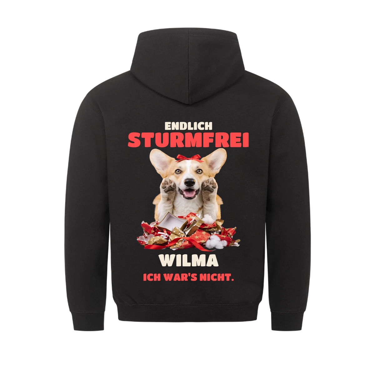 Sturmfrei Hoodie: Corgi mit roter Schleife zwischen Papierfetzen mit Namen, schwarzer Hoodie mit Rückendruck | Lil Snouts