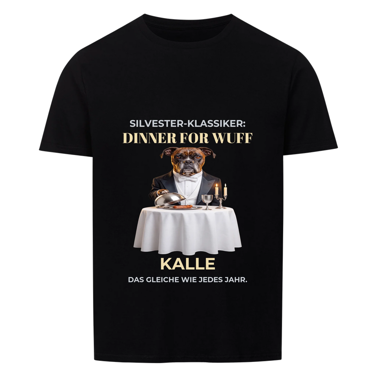 Dinner for Wuff T-Shirt in Schwarz: Haustier im Smoking am Silvester-Dinnertisch mit Namen | Lil Snouts