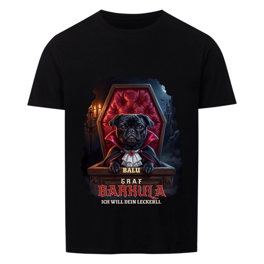Graf Barkula T-Shirt: Mops als Vampir im Sarg mit Namen, schwarzes Shirt mit Frontdruck | Lil Snouts
