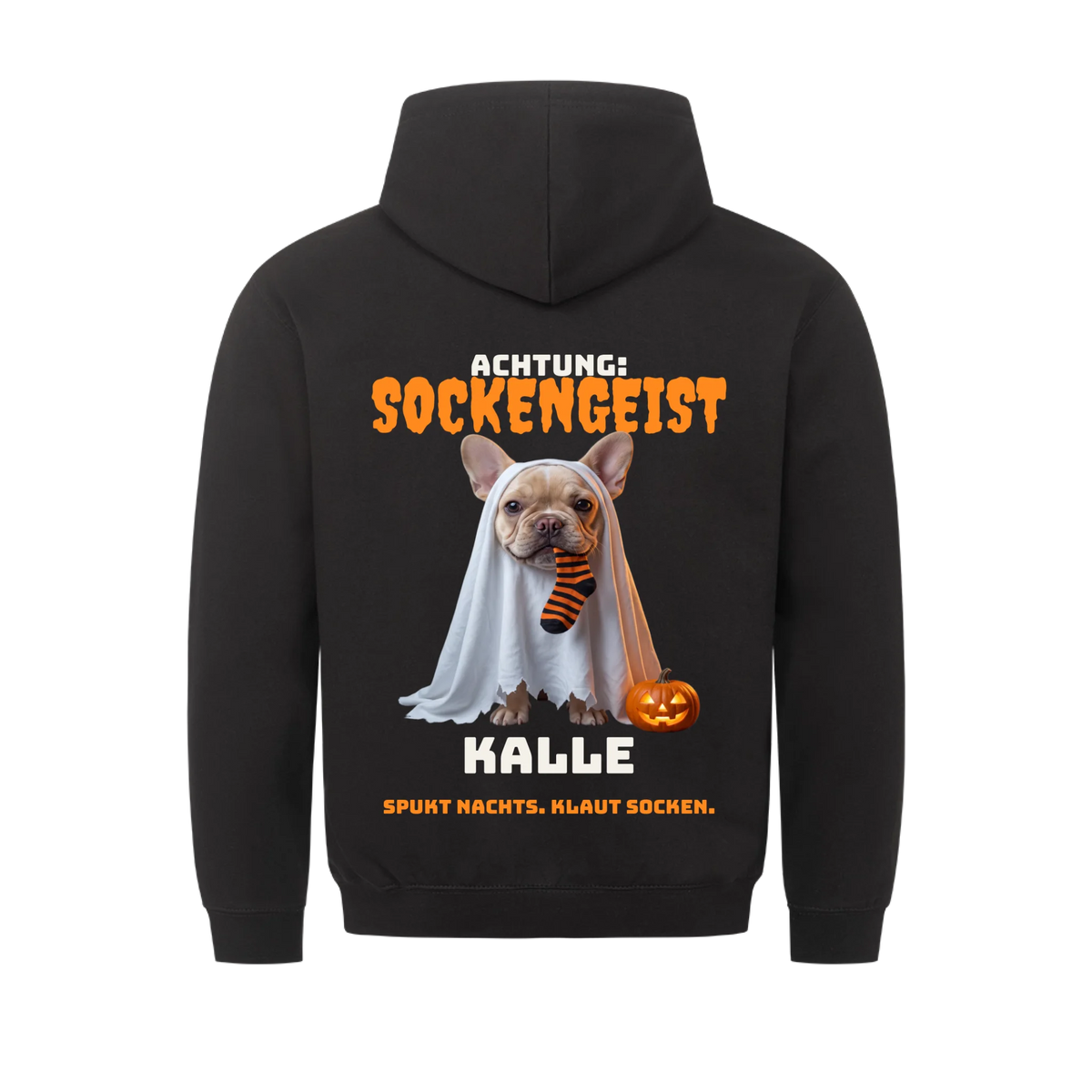 Sockengeist Hoodie: Französische Bulldogge als Geist mit Socke im Maul und Namen, schwarzer Hoodie mit Rückendruck | Lil Snouts