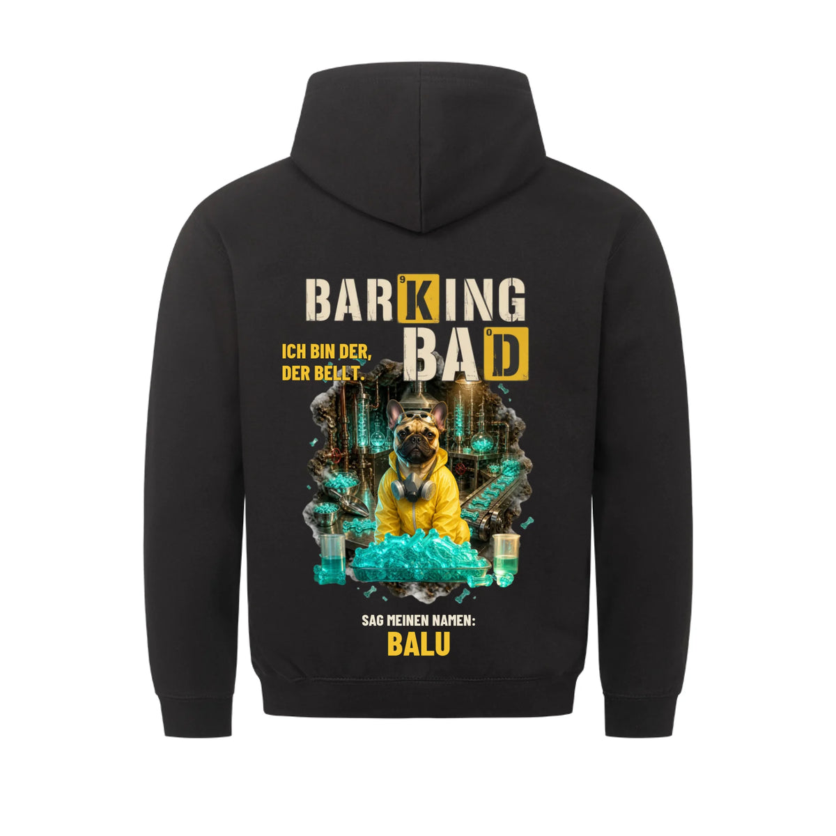 Schwarzer Hoodie mit Barking-Bad-Wuestendruck auf dem Ruecken