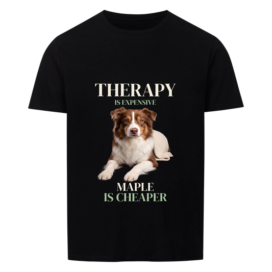 Therapy Is Expensive custom pet t-shirt black - your dog lying with a cream knitted blanket, your pet's name and Is Cheaper below
