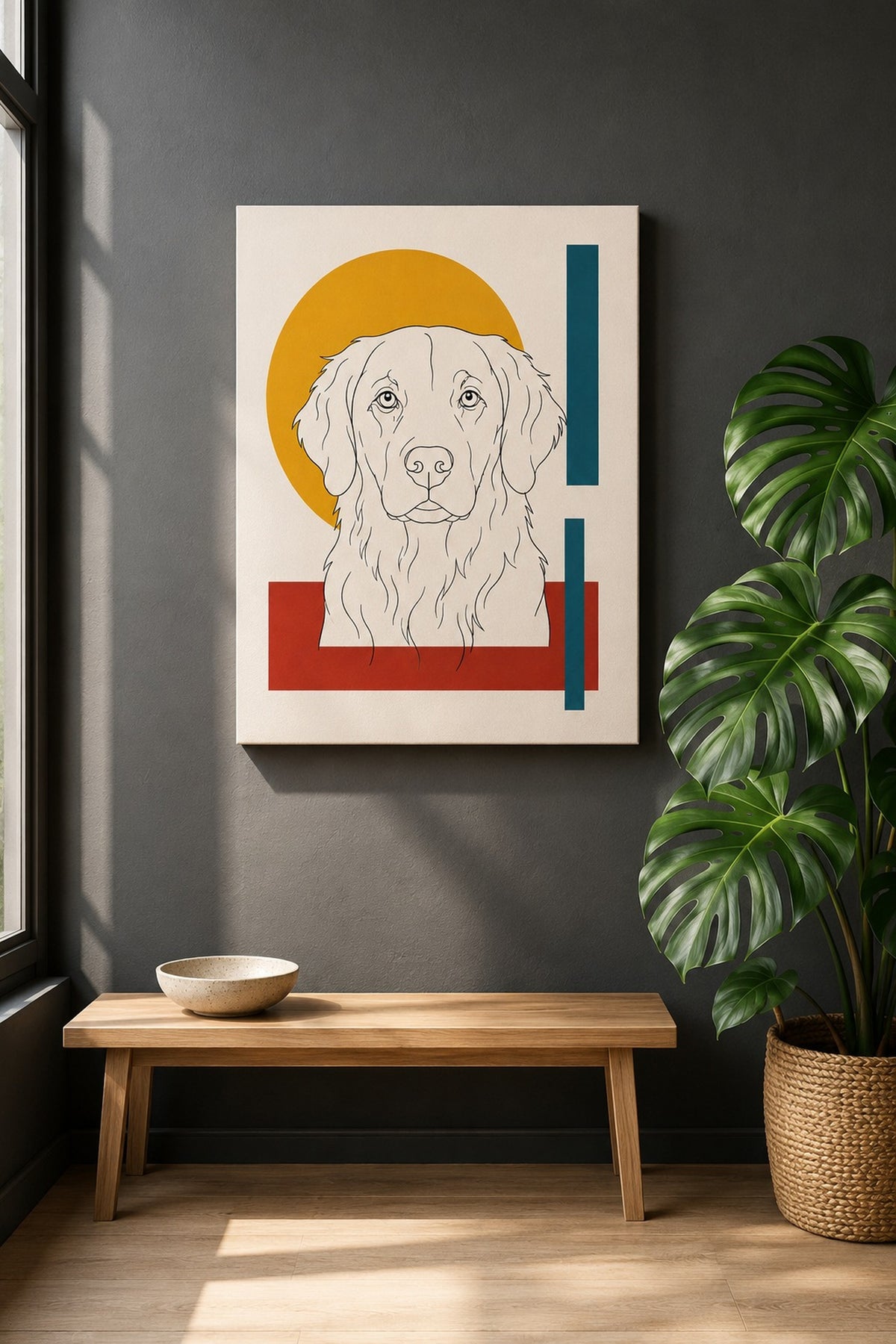 Leinwand im Wohnzimmer: Dein Hund als Bauhaus-Lineart – personalisiertes Hundeportrait
