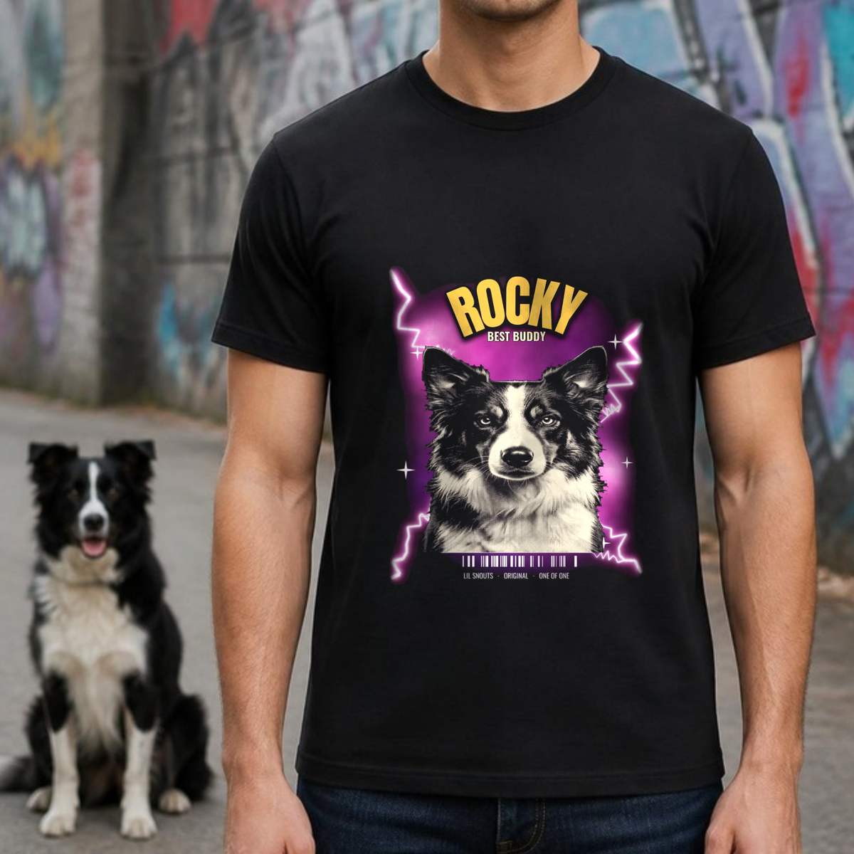 Getragenes Mockup Best Buddy T-Shirt mit Border Collie