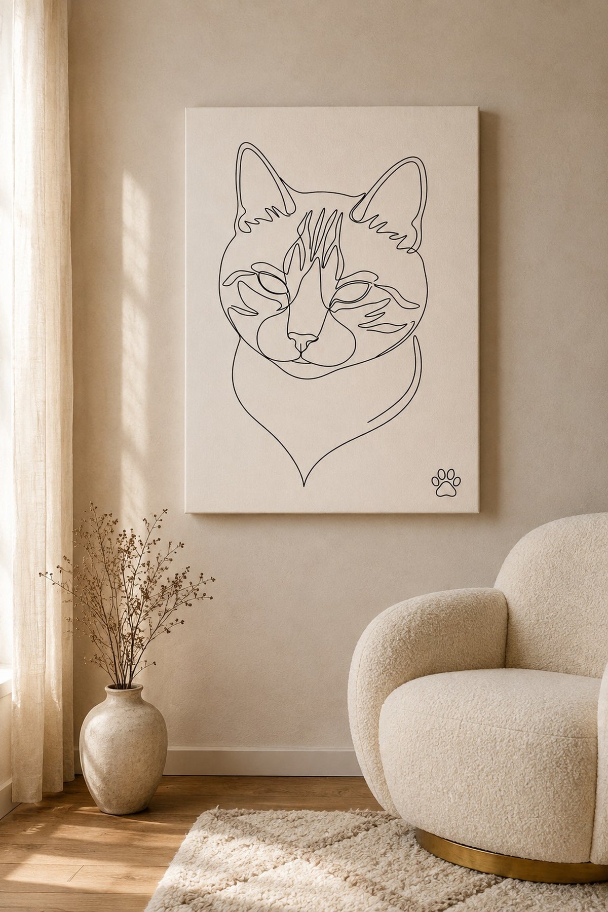Leinwand im Wohnzimmer: Deine Katze als Ein-Linien-Portrait – personalisiertes Katzenportrait