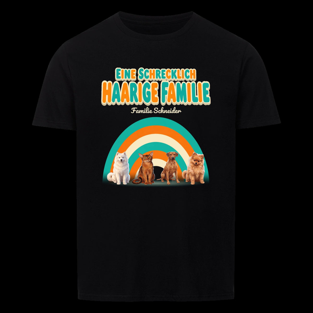 Eine schrecklich haarige Familie T-Shirt in Schwarz: vier Haustiere vor dem Retro-Regenbogen mit Familie Schneider | Lil Snouts