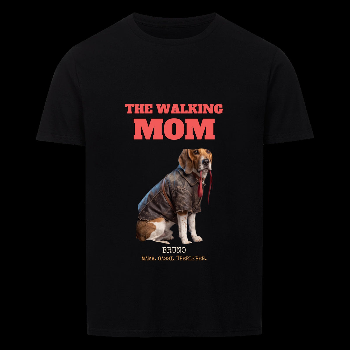 The Walking Mom T-Shirt mit eigenem Hund personalisiert - Beispiel Bruno