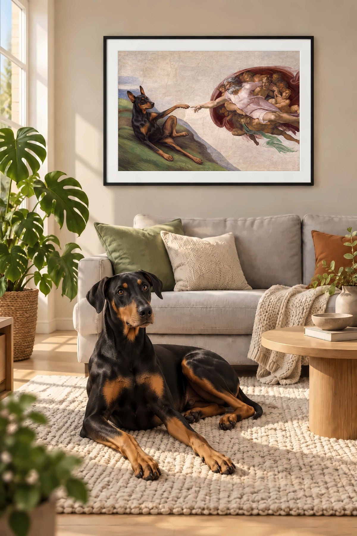 Poster im Wohnzimmer: Dein Hund in Die Erschaffung Adams – personalisiertes Hundeportrait im Querformat